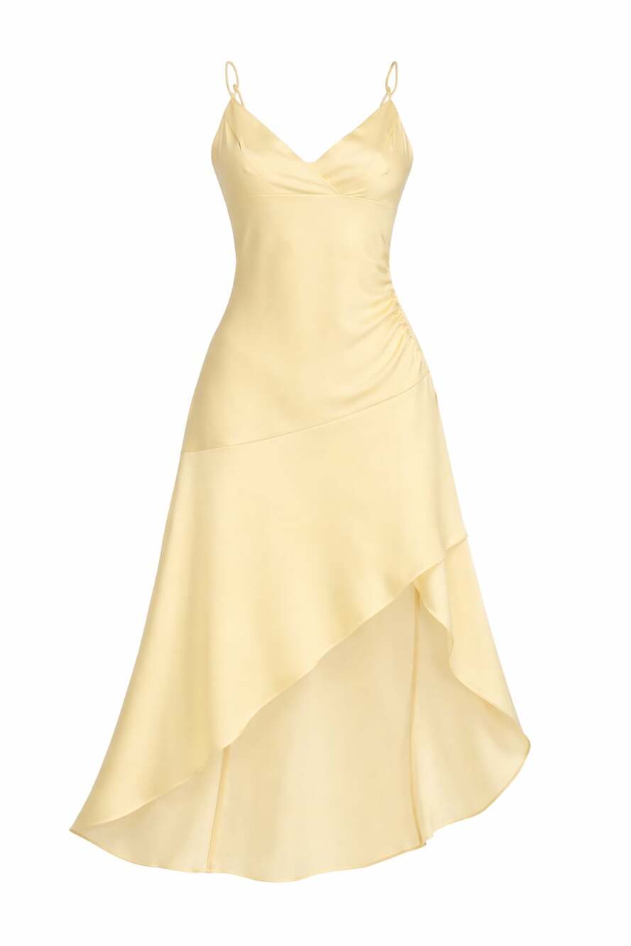 Wild Fable Light Yellow Satin Asymmetrical High-Low Midi Dress